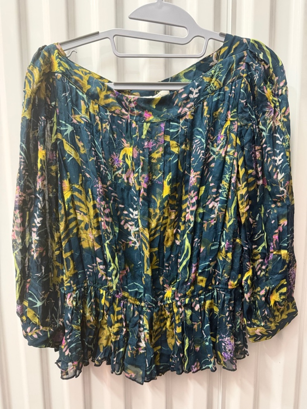 Diane von Furstenberg Forest Floral Silk top in Teal and Yellow